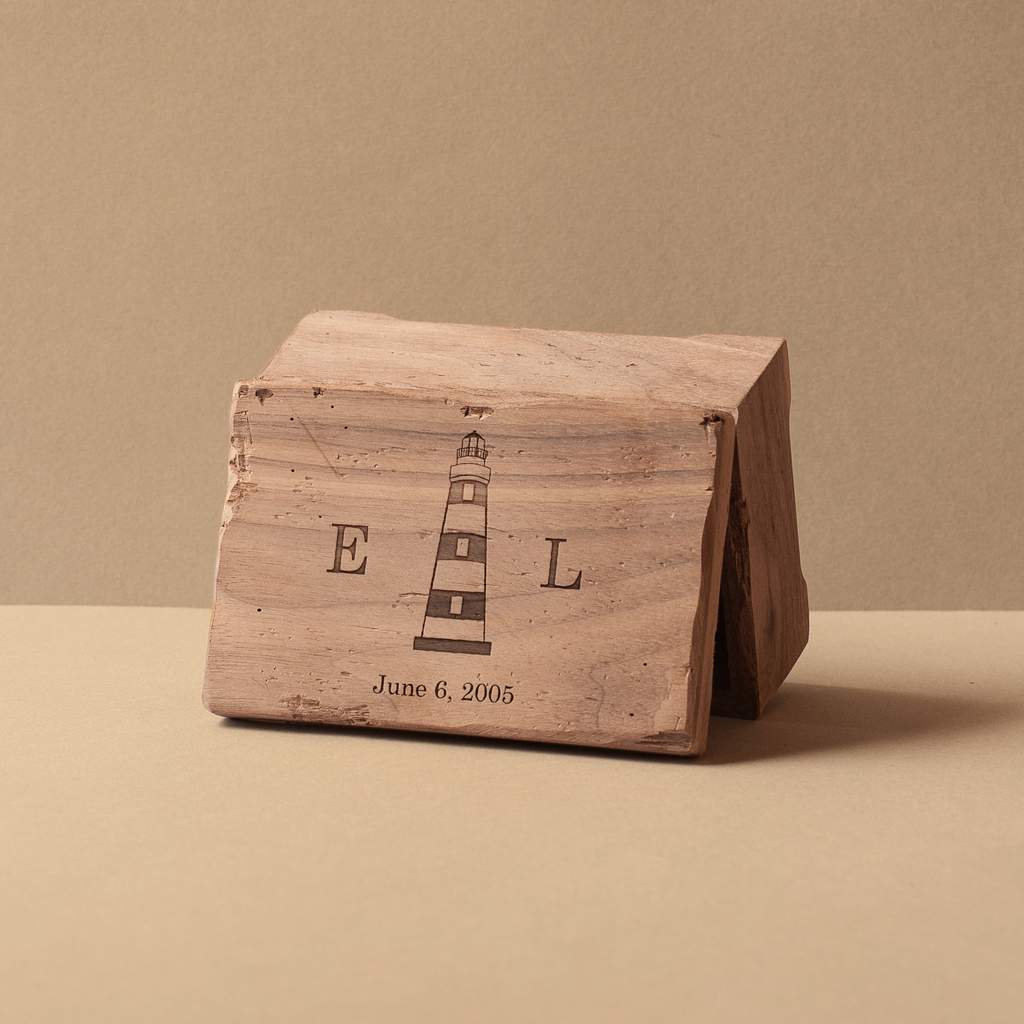 Caja musical mediana de madera de haya con un faro, iniciales y fecha